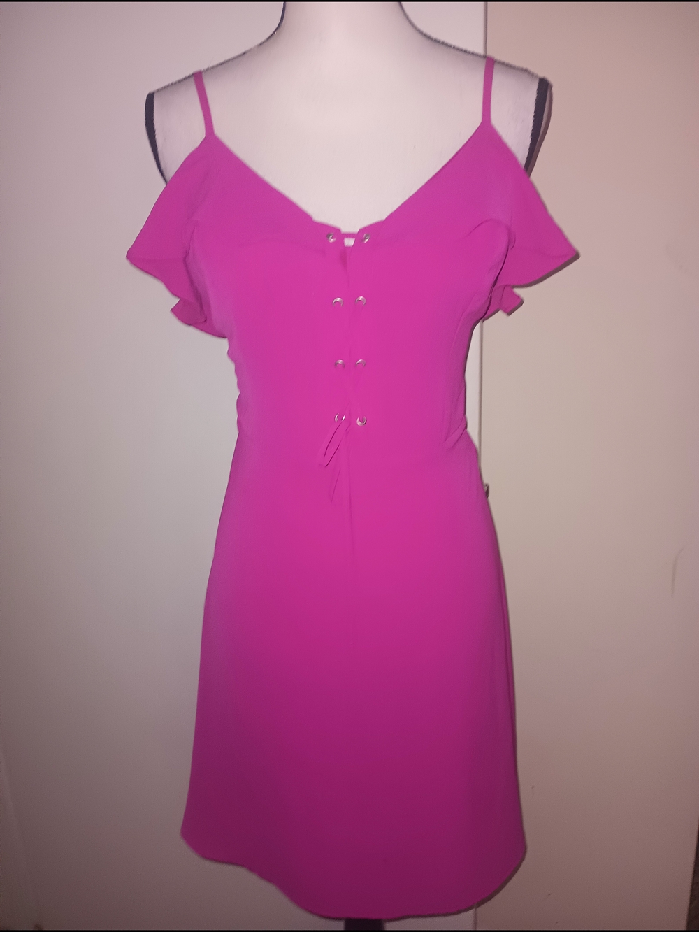 Source Unknown Hot Pink Cold-Shoulder Lace-Up Midi Dress